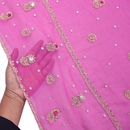 Indian Vintage Pink Dupatta Pure Georgette silk Long Stole Hand Embroidered Scarves Stole Veil Wrap Sequins Dabka/ Zardozi