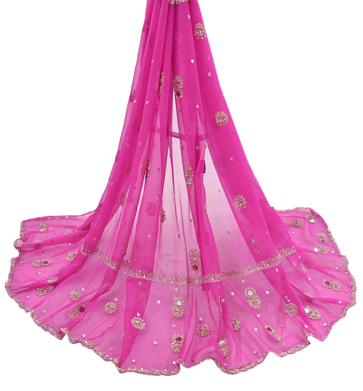 Indian Vintage Pink Dupatta Pure Georgette silk Long Stole Hand Embroidered Scarves Stole Veil Wrap Sequins Dabka/ Zardozi