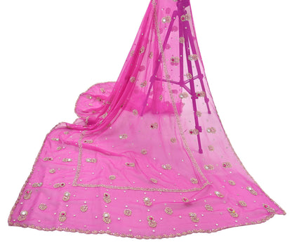 Indian Vintage Pink Dupatta Pure Georgette silk Long Stole Hand Embroidered Scarves Stole Veil Wrap Sequins Dabka/ Zardozi