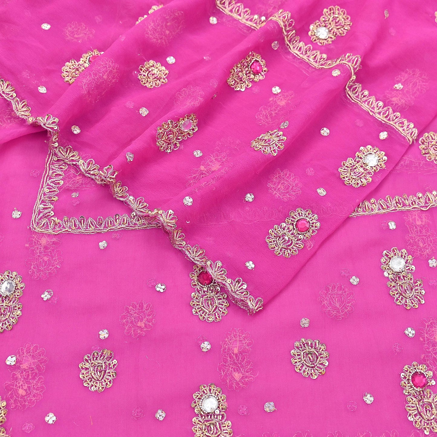 Indian Vintage Pink Dupatta Pure Georgette silk Long Stole Hand Embroidered Scarves Stole Veil Wrap Sequins Dabka/ Zardozi