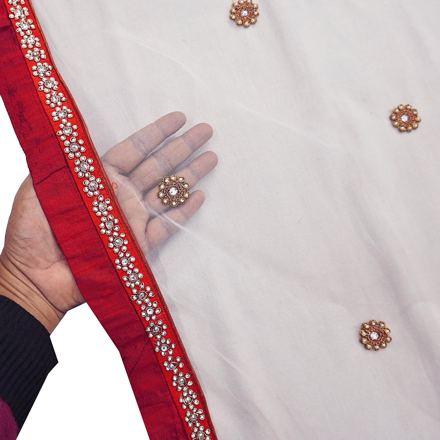 Indian Vintage Heavy white Dupatta Net Mesh Long Stole Hand Embroidered Scarves Golden Zardozi Zari Sequins Hijab Veil wrap Boho