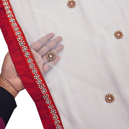 Indian Vintage Heavy white Dupatta Net Mesh Long Stole Hand Embroidered Scarves Golden Zardozi Zari Sequins Hijab Veil wrap Boho