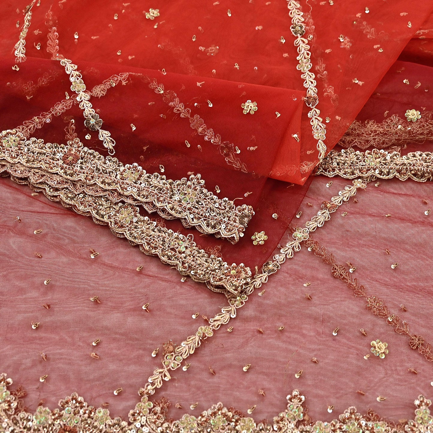 Indian Vintage Heavy Red & Orange Dupatta Net Mesh Long Stole Hand Embroidered Scarves Golden Zardozi Zari Sequins Stole