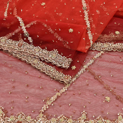Indian Vintage Heavy Red & Orange Dupatta Net Mesh Long Stole Hand Embroidered Scarves Golden Zardozi Zari Sequins Stole