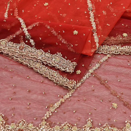 Indian Vintage Heavy Red & Orange Dupatta Net Mesh Long Stole Hand Embroidered Scarves Golden Zardozi Zari Sequins Stole