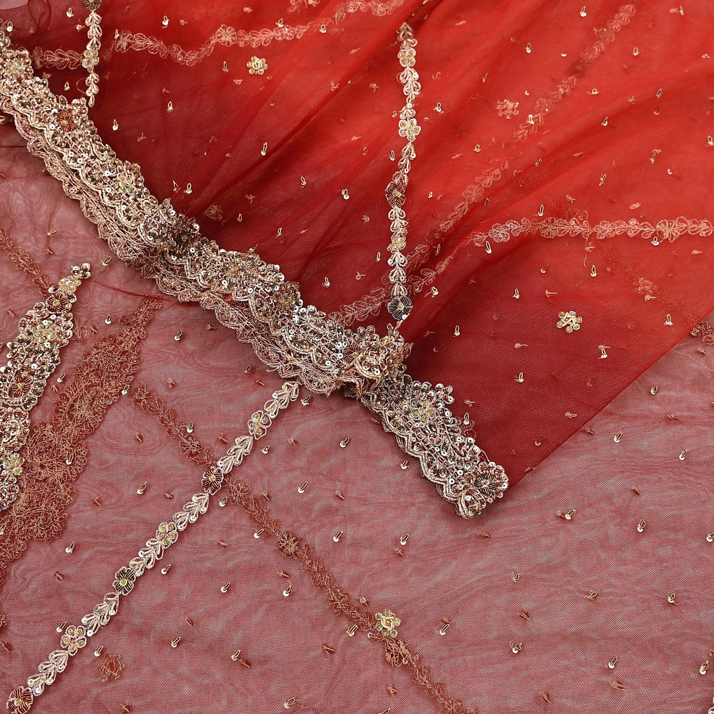 Indian Vintage Heavy Red & Orange Dupatta Net Mesh Long Stole Hand Embroidered Scarves Golden Zardozi Zari Sequins Stole