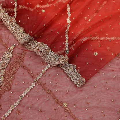 Indian Vintage Heavy Red & Orange Dupatta Net Mesh Long Stole Hand Embroidered Scarves Golden Zardozi Zari Sequins Stole