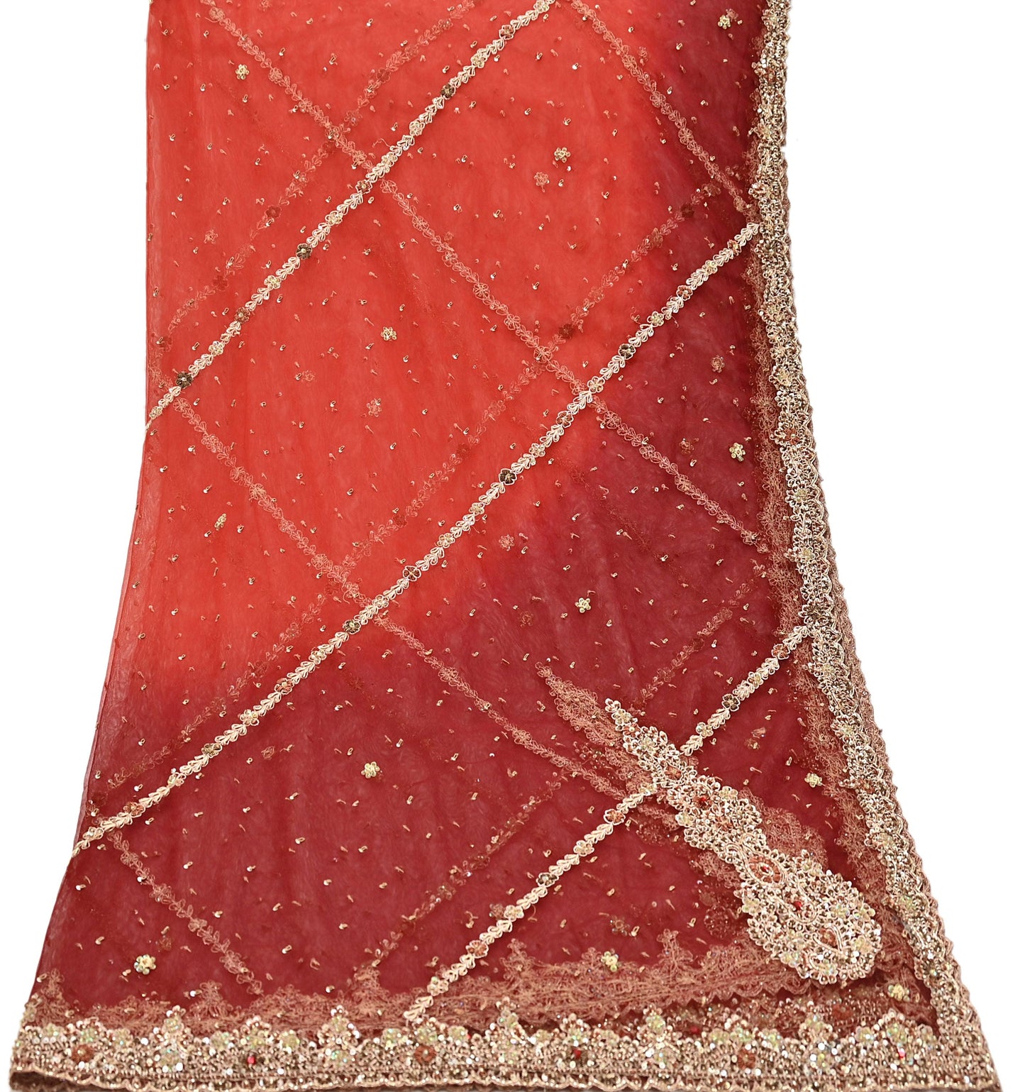 Indian Vintage Heavy Red & Orange Dupatta Net Mesh Long Stole Hand Embroidered Scarves Golden Zardozi Zari Sequins Stole