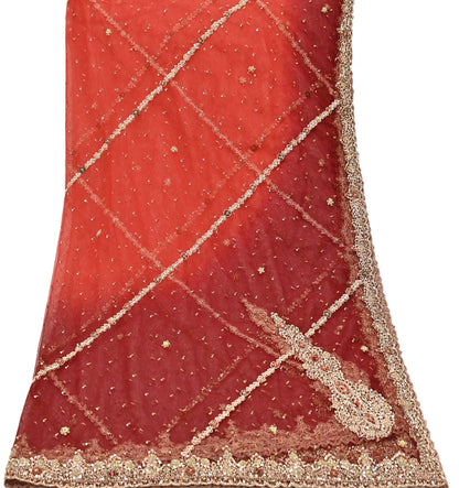 Indian Vintage Heavy Red & Orange Dupatta Net Mesh Long Stole Hand Embroidered Scarves Golden Zardozi Zari Sequins Stole