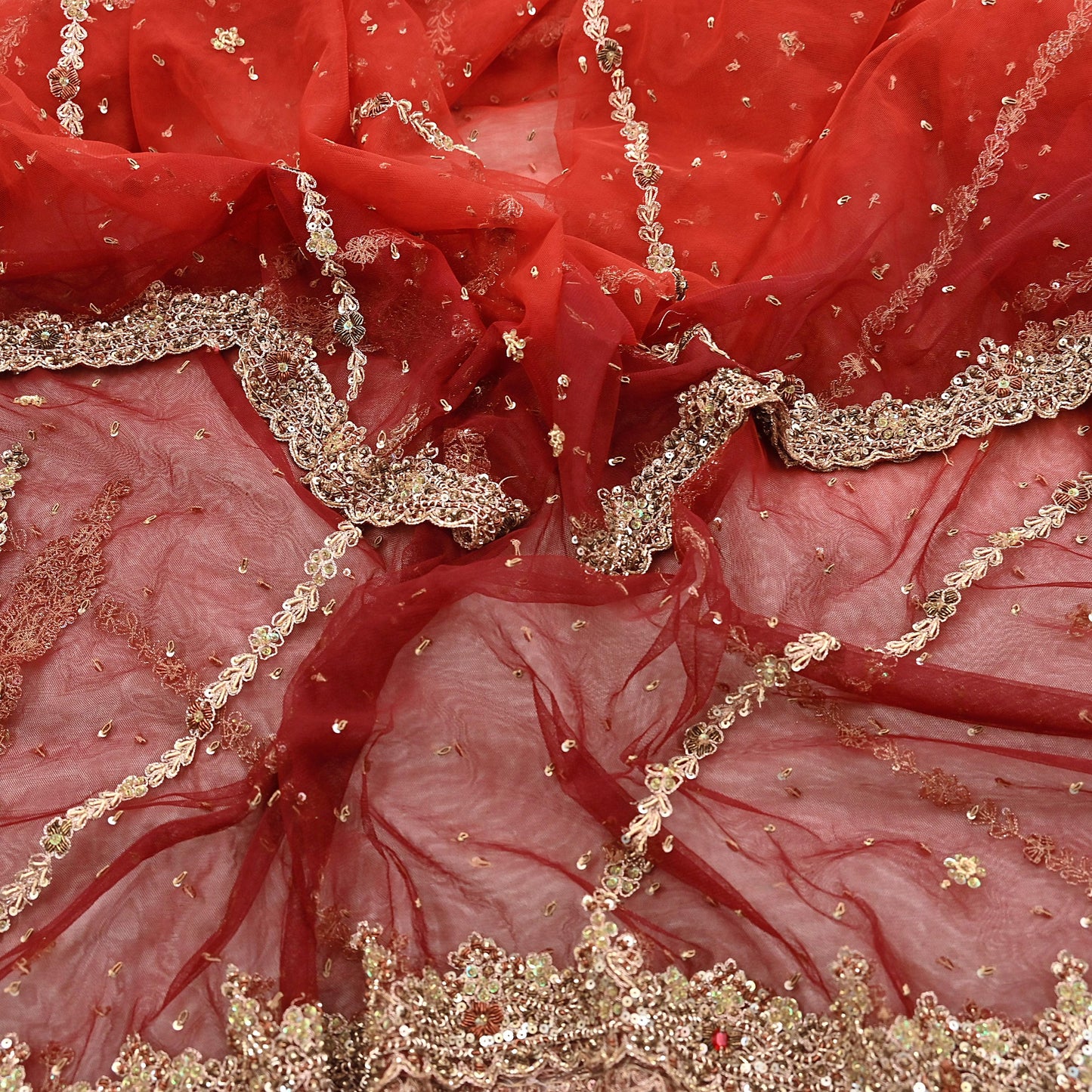 Indian Vintage Heavy Red & Orange Dupatta Net Mesh Long Stole Hand Embroidered Scarves Golden Zardozi Zari Sequins Stole