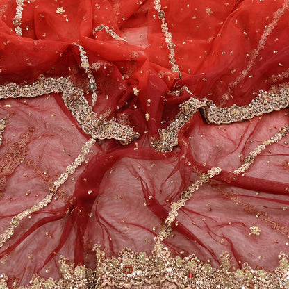 Indian Vintage Heavy Red & Orange Dupatta Net Mesh Long Stole Hand Embroidered Scarves Golden Zardozi Zari Sequins Stole