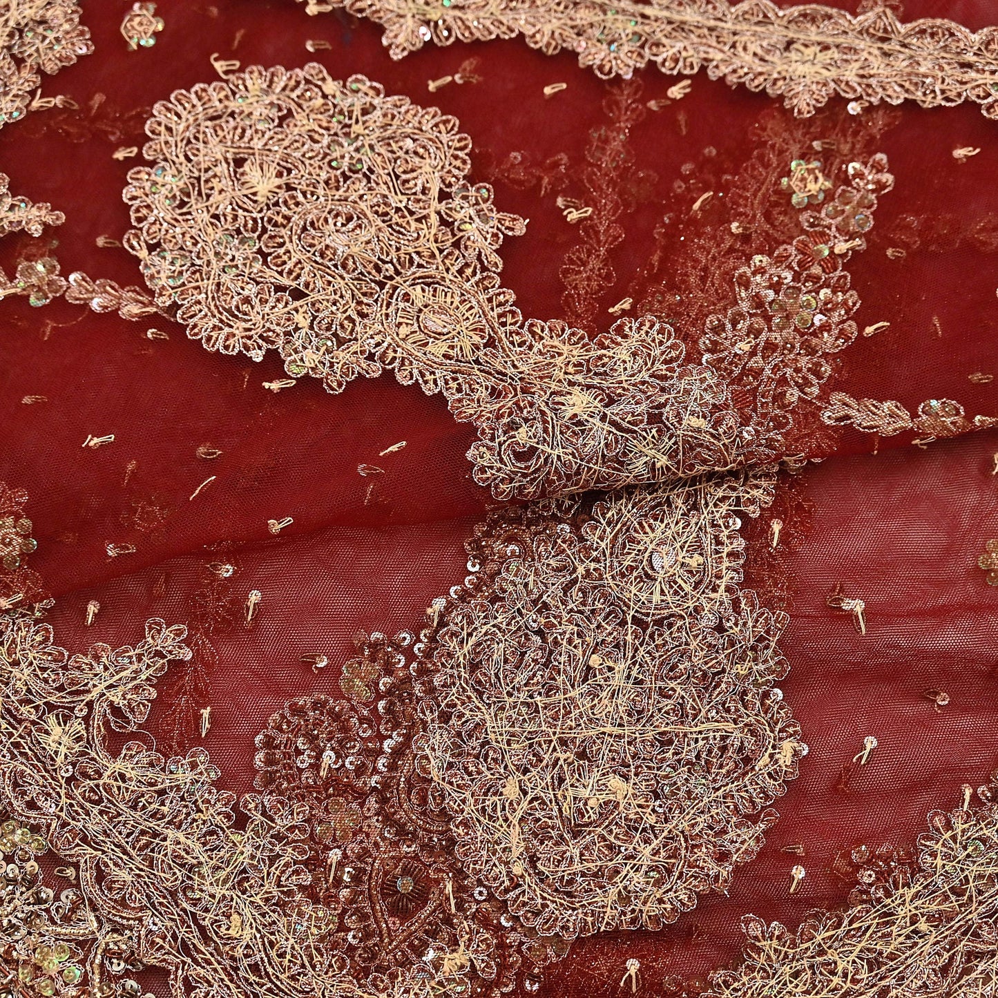 Indian Vintage Heavy Red & Orange Dupatta Net Mesh Long Stole Hand Embroidered Scarves Golden Zardozi Zari Sequins Stole