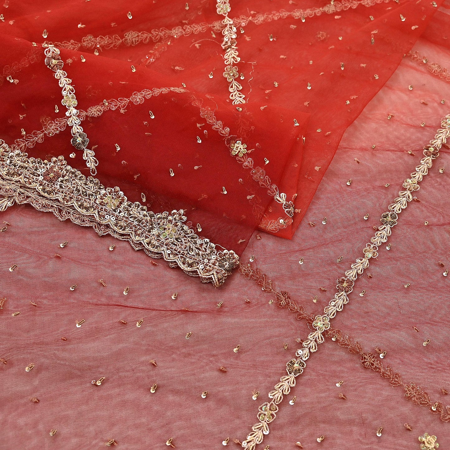 Indian Vintage Heavy Red & Orange Dupatta Net Mesh Long Stole Hand Embroidered Scarves Golden Zardozi Zari Sequins Stole
