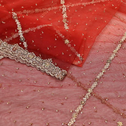 Indian Vintage Heavy Red & Orange Dupatta Net Mesh Long Stole Hand Embroidered Scarves Golden Zardozi Zari Sequins Stole