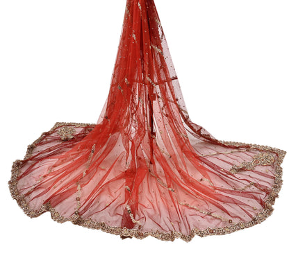 Indian Vintage Heavy Red & Orange Dupatta Net Mesh Long Stole Hand Embroidered Scarves Golden Zardozi Zari Sequins Stole
