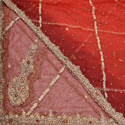 Indian Vintage Heavy Red & Orange Dupatta Net Mesh Long Stole Hand Embroidered Scarves Golden Zardozi Zari Sequins Stole