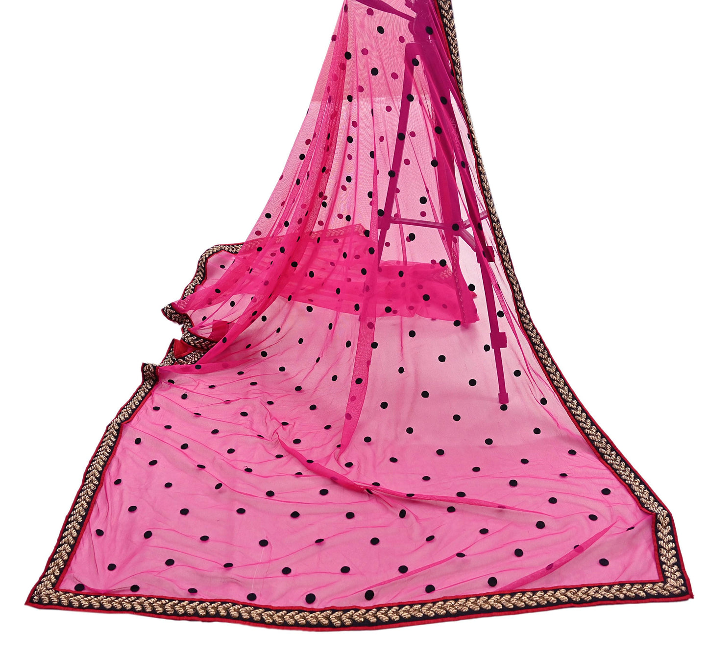 Indian Vintage Heavy Pink Dupatta Net Mesh Long Stole Hand Embroidered Scarves Golden Zardozi Dabka Zari Stole