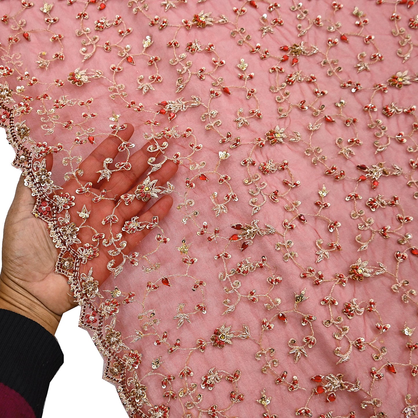 Indian Vintage Heavy Red Dupatta Net Mesh Long Stole Hand Embroidered Scarves Golden Zardozi Zari Sequins Stole