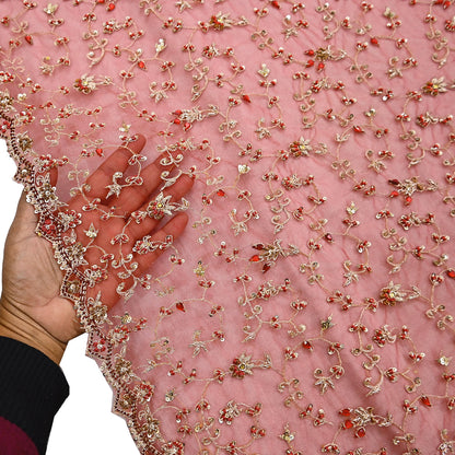 Indian Vintage Heavy Red Dupatta Net Mesh Long Stole Hand Embroidered Scarves Golden Zardozi Zari Sequins Stole