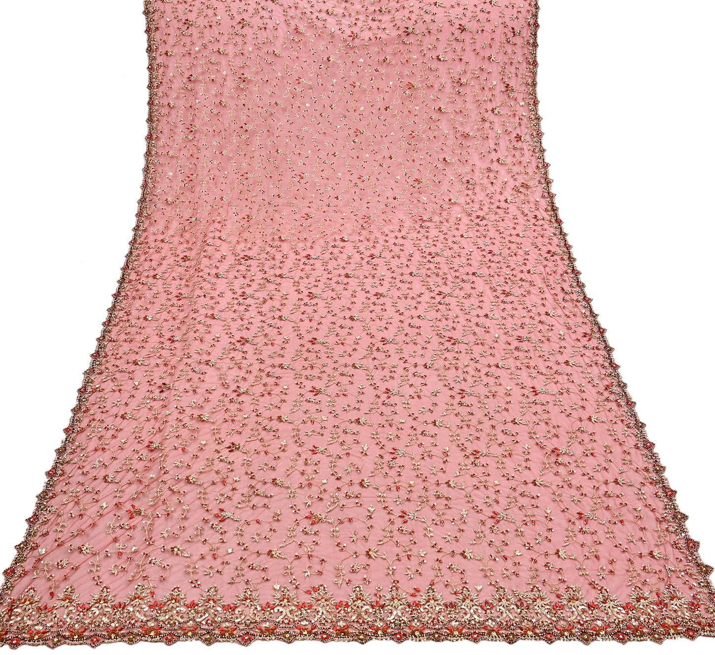 Indian Vintage Heavy Red Dupatta Net Mesh Long Stole Hand Embroidered Scarves Golden Zardozi Zari Sequins Stole