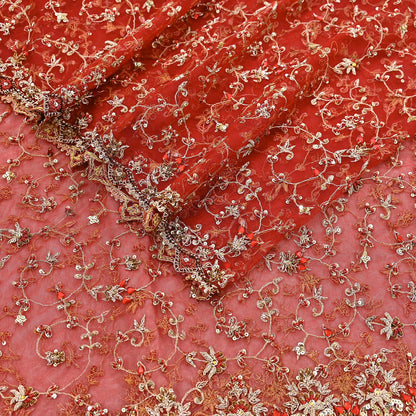 Indian Vintage Heavy Red Dupatta Net Mesh Long Stole Hand Embroidered Scarves Golden Zardozi Zari Sequins Stole