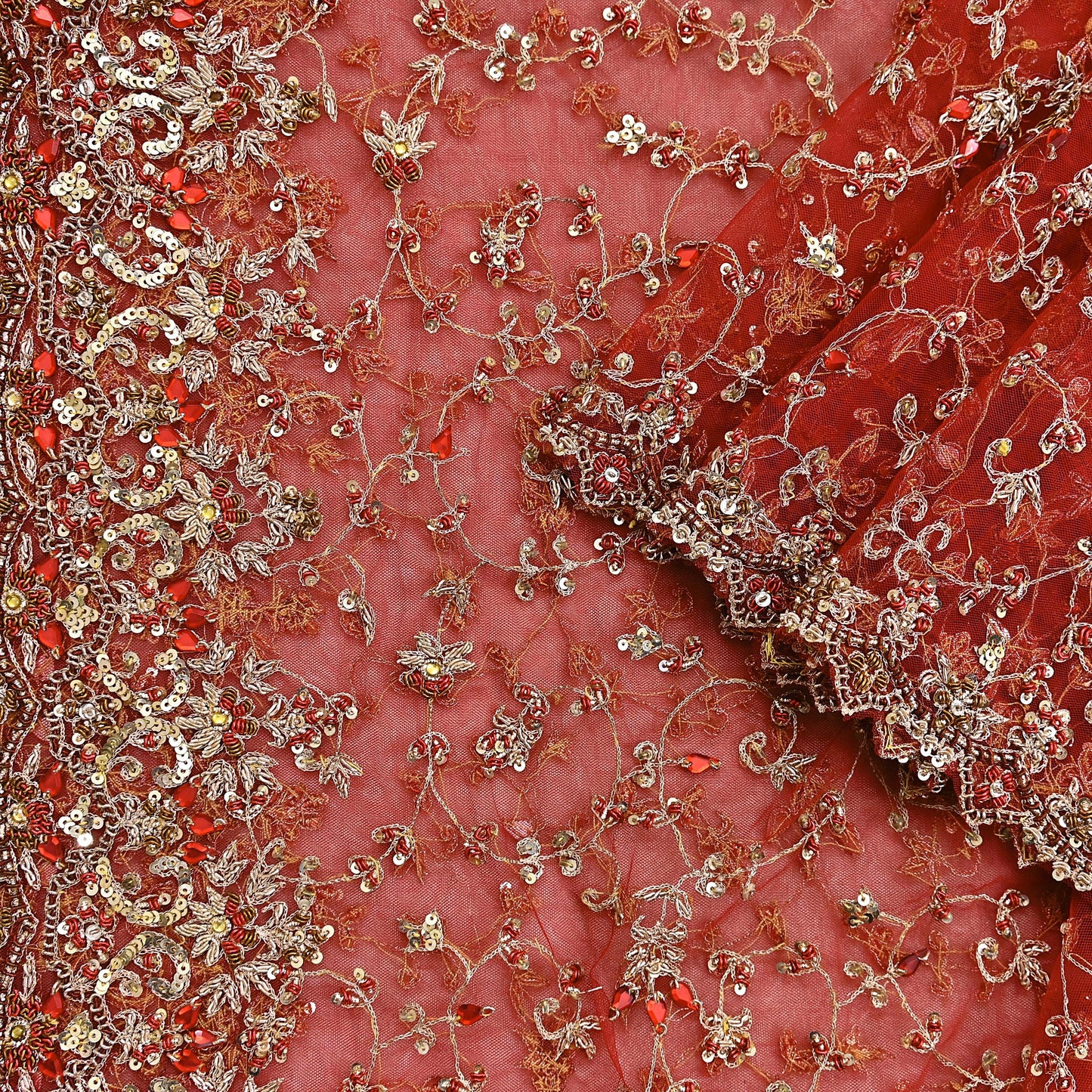 Indian Vintage Heavy Red Dupatta Net Mesh Long Stole Hand Embroidered Scarves Golden Zardozi Zari Sequins Stole