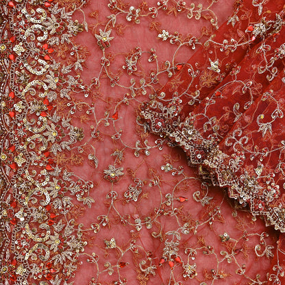 Indian Vintage Heavy Red Dupatta Net Mesh Long Stole Hand Embroidered Scarves Golden Zardozi Zari Sequins Stole