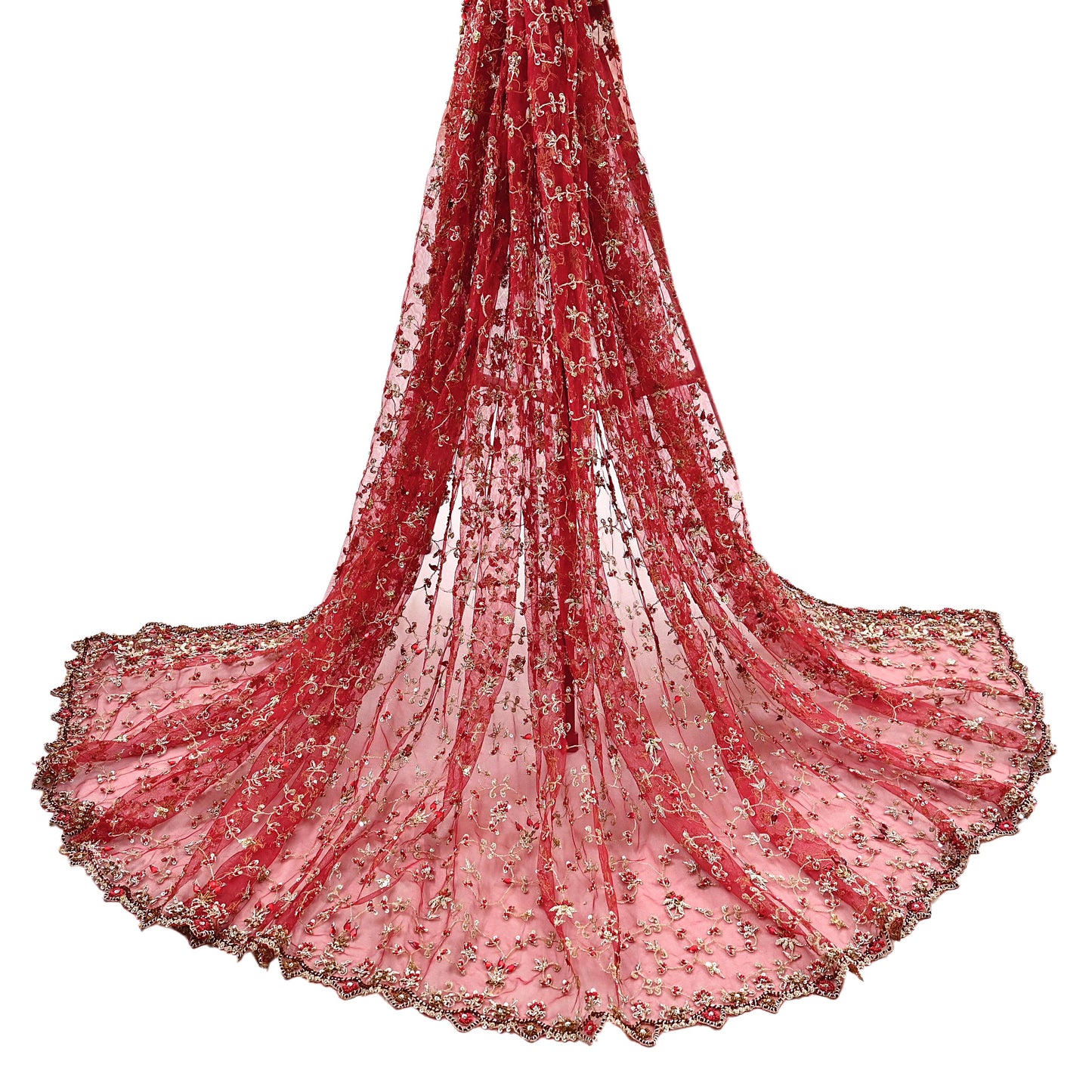 Indian Vintage Heavy Red Dupatta Net Mesh Long Stole Hand Embroidered Scarves Golden Zardozi Zari Sequins Stole