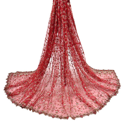 Indian Vintage Heavy Red Dupatta Net Mesh Long Stole Hand Embroidered Scarves Golden Zardozi Zari Sequins Stole