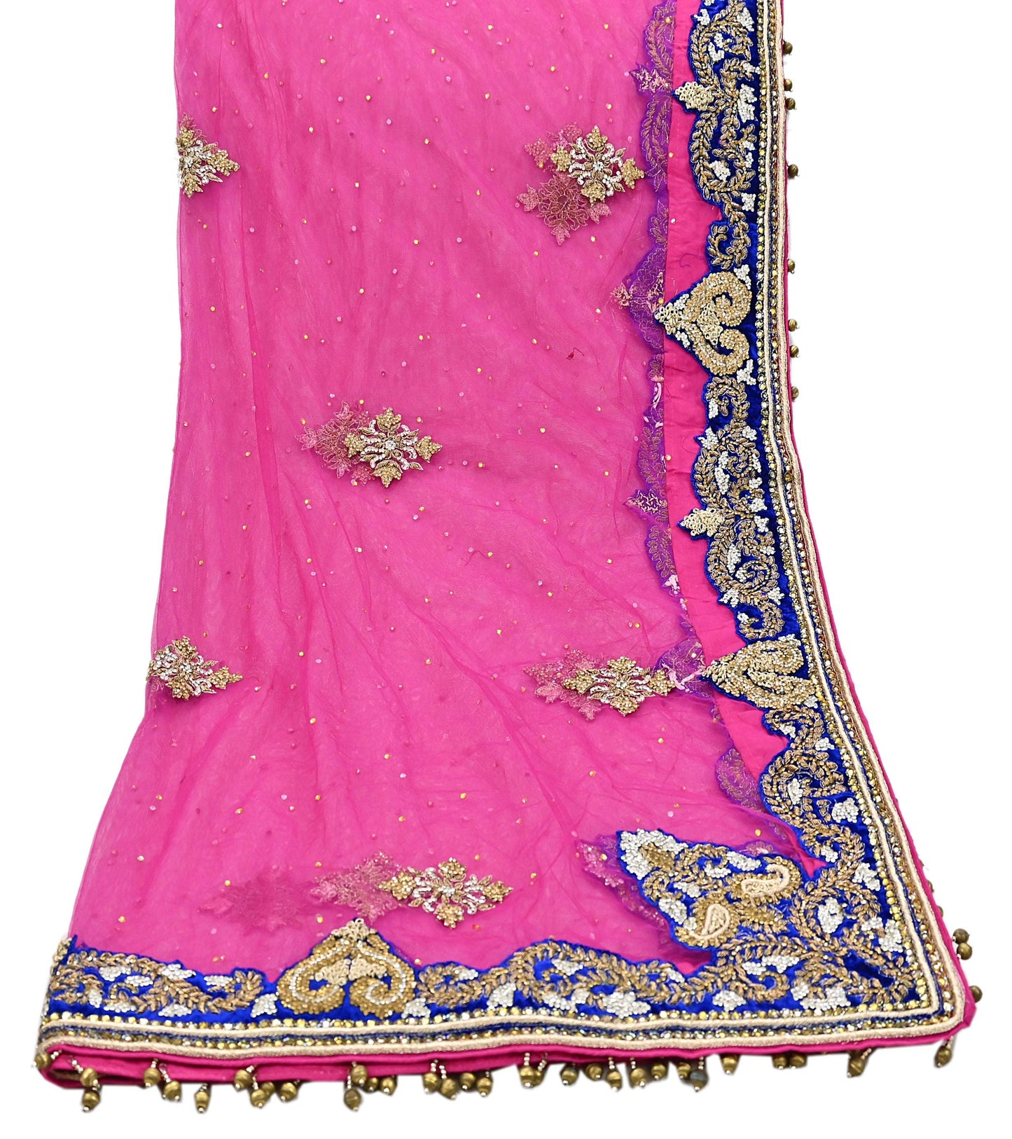 Indian Vintage Heavy Bridal Magenta Dupatta Net Mesh Long Stole Hand Embroidered Scarves Golden Zardozi Dabka Zari Wedding Veil Hijab