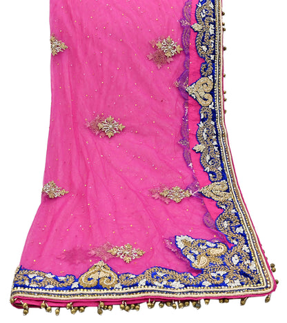 Indian Vintage Heavy Bridal Magenta Dupatta Net Mesh Long Stole Hand Embroidered Scarves Golden Zardozi Dabka Zari Wedding Veil Hijab