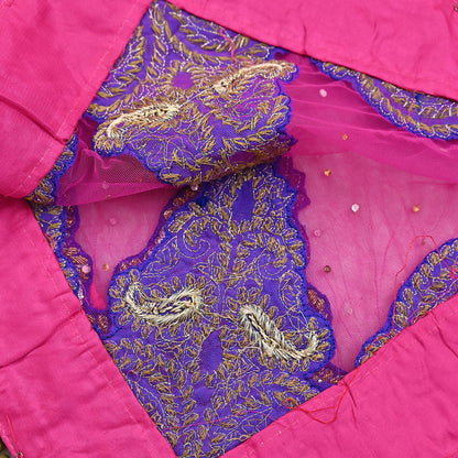 Indian Vintage Heavy Bridal Magenta Dupatta Net Mesh Long Stole Hand Embroidered Scarves Golden Zardozi Dabka Zari Wedding Veil Hijab