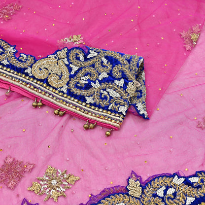Indian Vintage Heavy Bridal Magenta Dupatta Net Mesh Long Stole Hand Embroidered Scarves Golden Zardozi Dabka Zari Wedding Veil Hijab