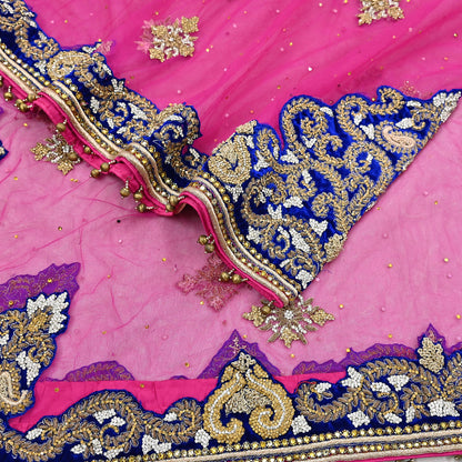Indian Vintage Heavy Bridal Magenta Dupatta Net Mesh Long Stole Hand Embroidered Scarves Golden Zardozi Dabka Zari Wedding Veil Hijab