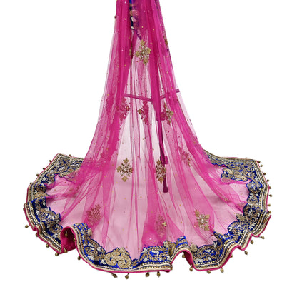 Indian Vintage Heavy Bridal Magenta Dupatta Net Mesh Long Stole Hand Embroidered Scarves Golden Zardozi Dabka Zari Wedding Veil Hijab