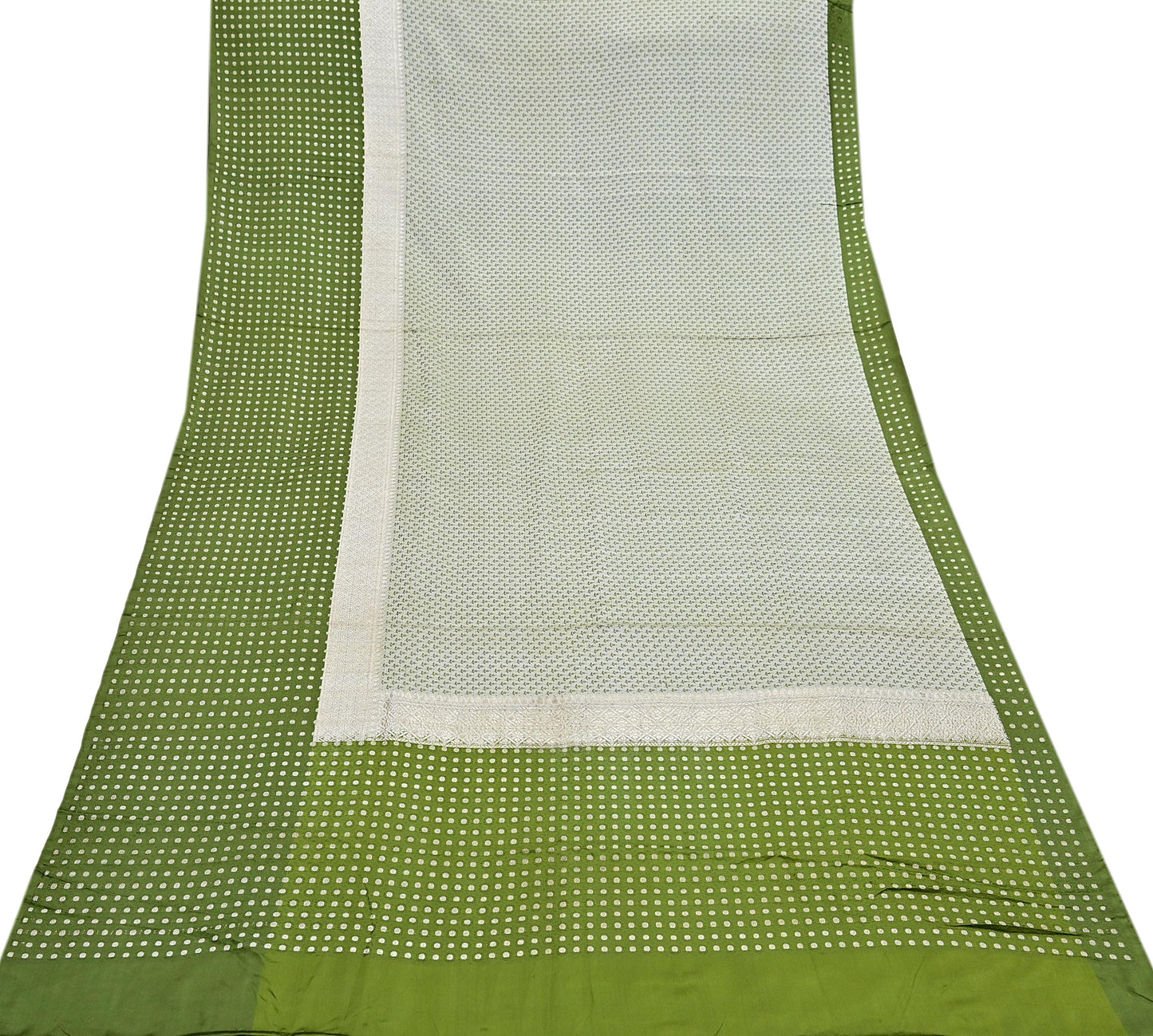 Indian Vintage Sari Green & Ivory Heavy Pure Satin Silk Woven Banarasi Tanchoi Sari Zari 5Yd Craft Fabric Dress making Ethnic Crafting