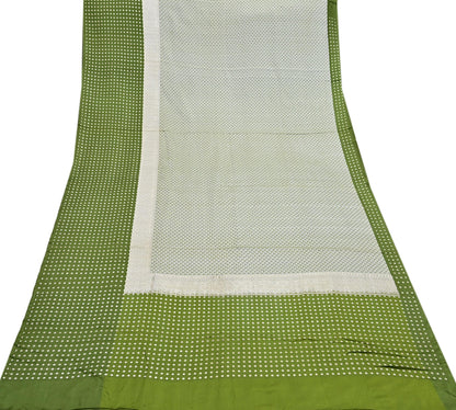 Indian Vintage Sari Green & Ivory Heavy Pure Satin Silk Woven Banarasi Tanchoi Sari Zari 5Yd Craft Fabric Dress making Ethnic Crafting