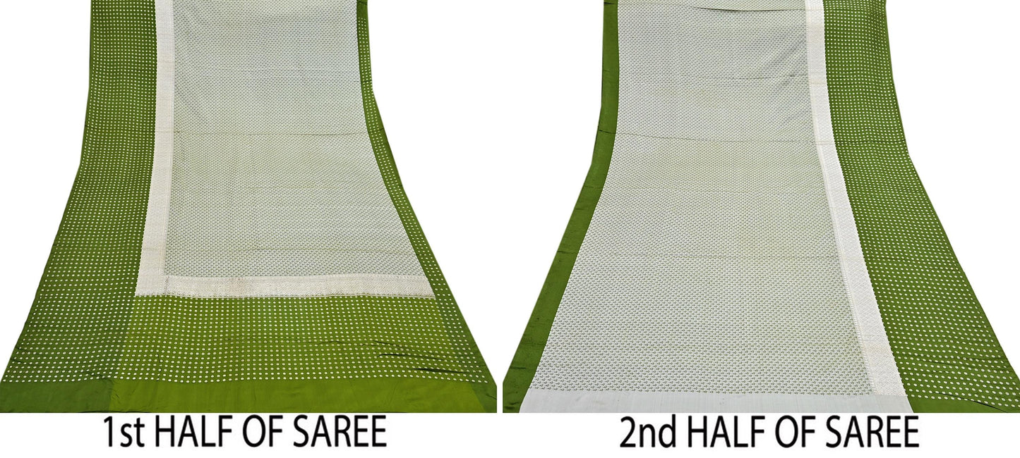 Indian Vintage Sari Green & Ivory Heavy Pure Satin Silk Woven Banarasi Tanchoi Sari Zari 5Yd Craft Fabric Dress making Ethnic Crafting