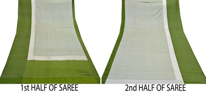 Indian Vintage Sari Green & Ivory Heavy Pure Satin Silk Woven Banarasi Tanchoi Sari Zari 5Yd Craft Fabric Dress making Ethnic Crafting