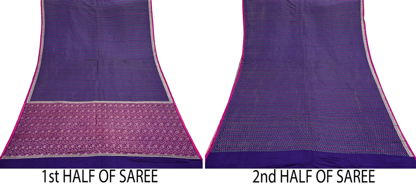 Indian Vintage Blue Banarasi Brocade Saree | Heavy Wedding Sari in Pure Satin Silk Woven Zari Fabric for Crafting, Dressmaking