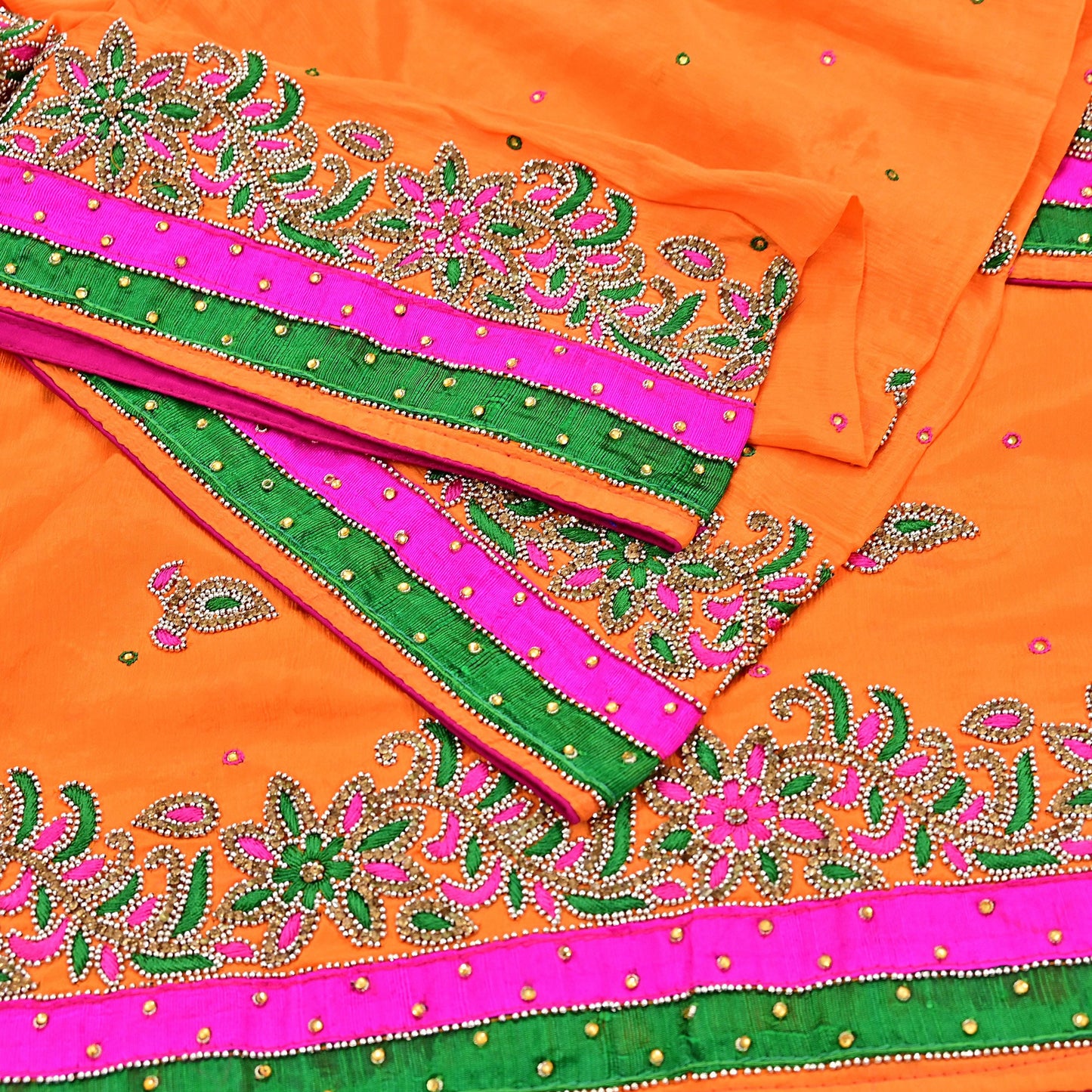 Indian Vintage Heavy Orange Dupatta Pure silk Long Stole Hand Embroidered Hijab Scarves Veil Wrap Zardozi Dabka