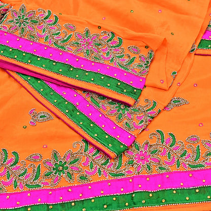 Indian Vintage Heavy Orange Dupatta Pure silk Long Stole Hand Embroidered Hijab Scarves Veil Wrap Zardozi Dabka
