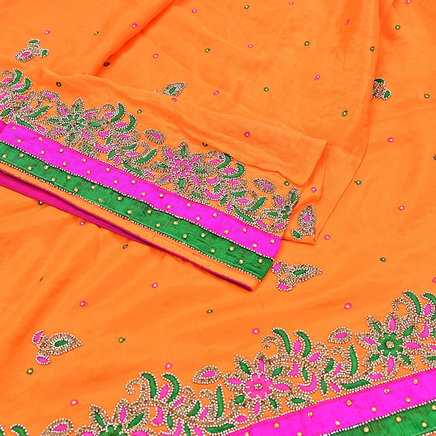 Indian Vintage Heavy Orange Dupatta Pure silk Long Stole Hand Embroidered Hijab Scarves Veil Wrap Zardozi Dabka
