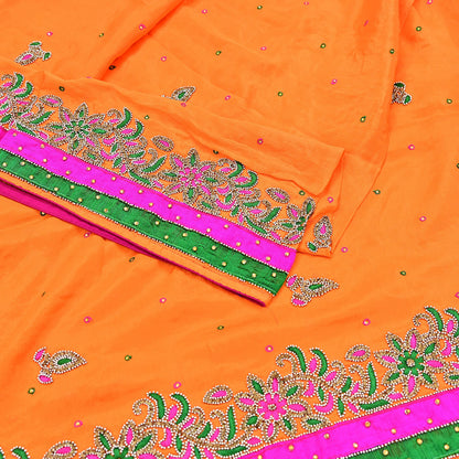 Indian Vintage Heavy Orange Dupatta Pure silk Long Stole Hand Embroidered Hijab Scarves Veil Wrap Zardozi Dabka