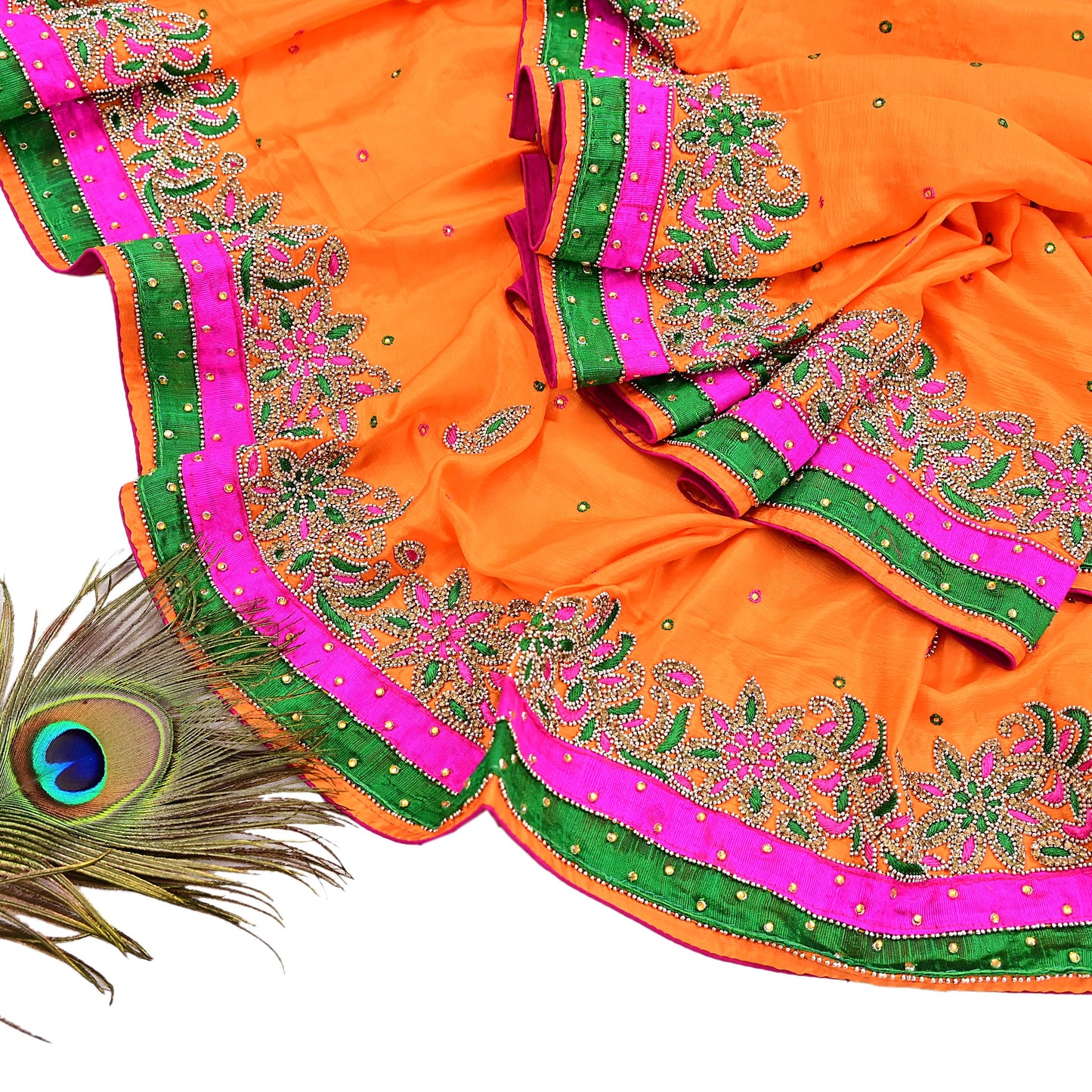 Indian Vintage Heavy Orange Dupatta Pure silk Long Stole Hand Embroidered Hijab Scarves Veil Wrap Zardozi Dabka