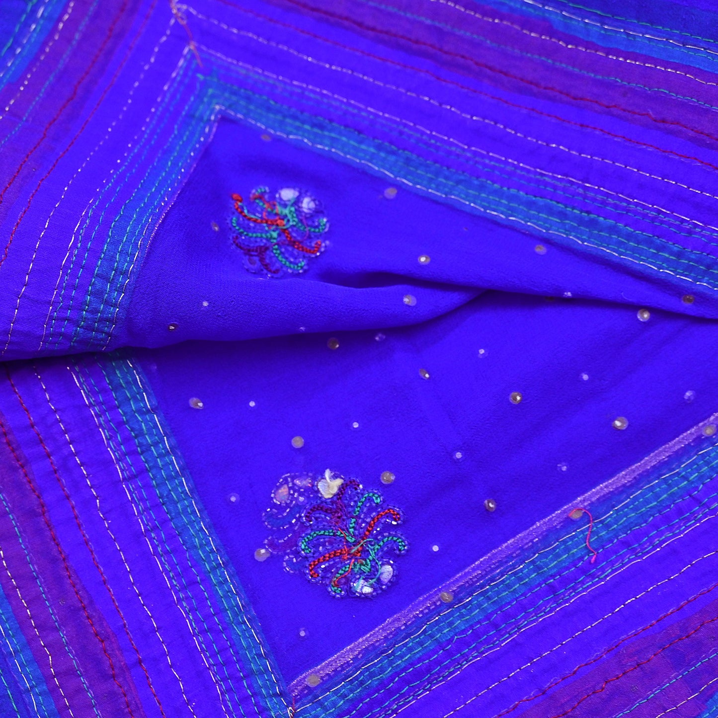 Indian Vintage Heavy Royal Blue Dupatta Pure Georgette Silk Long Stole Hand Embroidered Scarf Zari