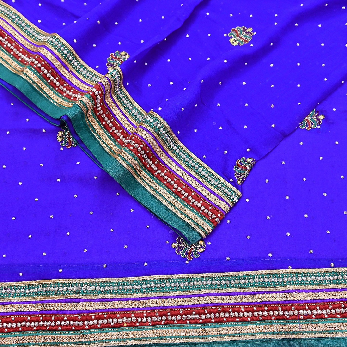 Indian Vintage Heavy Royal Blue Dupatta Pure Georgette Silk Long Stole Hand Embroidered Scarf Zari