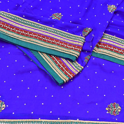 Indian Vintage Heavy Royal Blue Dupatta Pure Georgette Silk Long Stole Hand Embroidered Scarf Zari