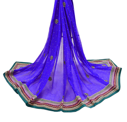 Indian Vintage Heavy Royal Blue Dupatta Pure Georgette Silk Long Stole Hand Embroidered Scarf Zari
