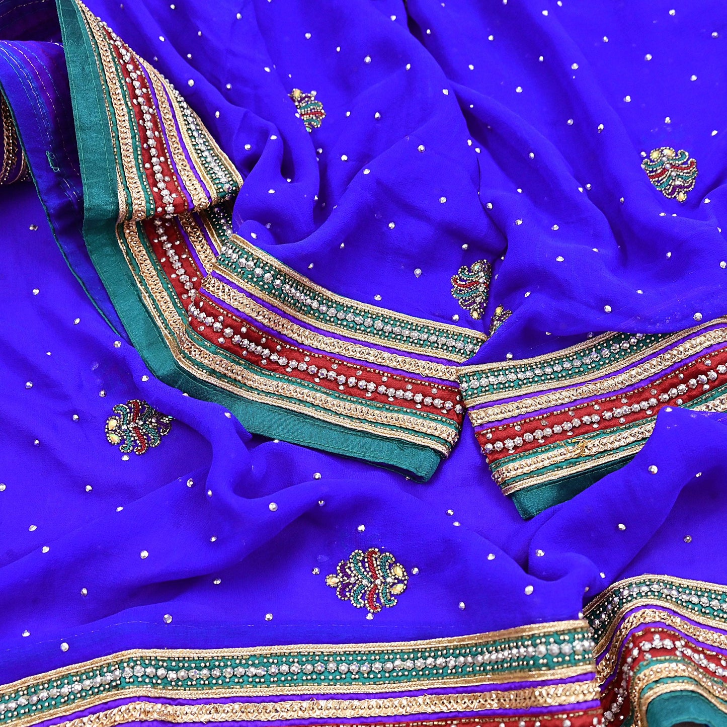 Indian Vintage Heavy Royal Blue Dupatta Pure Georgette Silk Long Stole Hand Embroidered Scarf Zari